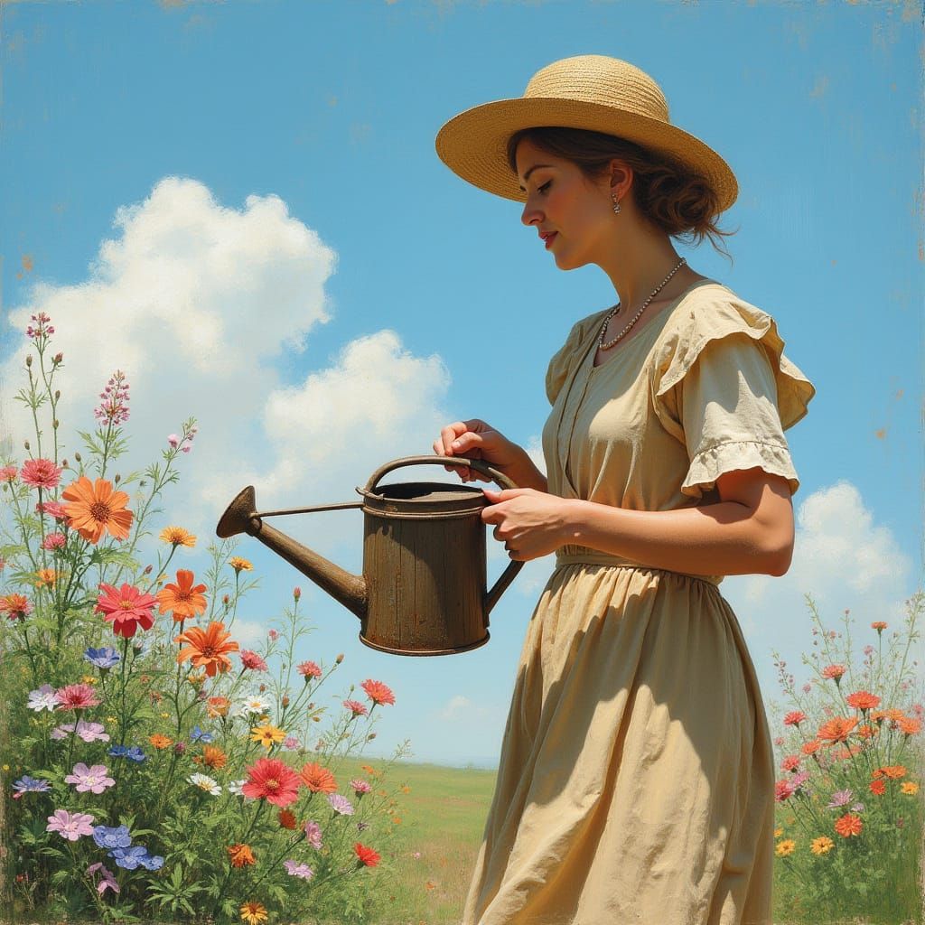 Woman Watering Flowers in Impressionist Style