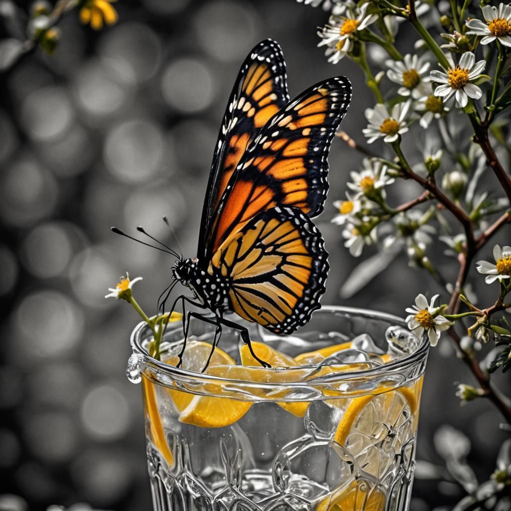 Monarch Butterfly Enjoys Lemonade: Hyperrealistic Close-Up