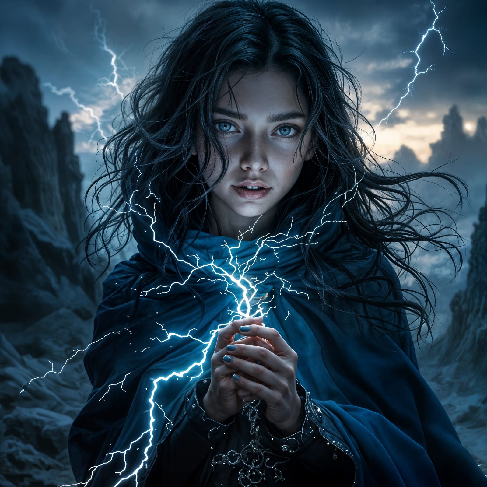 Fantasy Heroine Controlling Lightning Under Dark Clouds