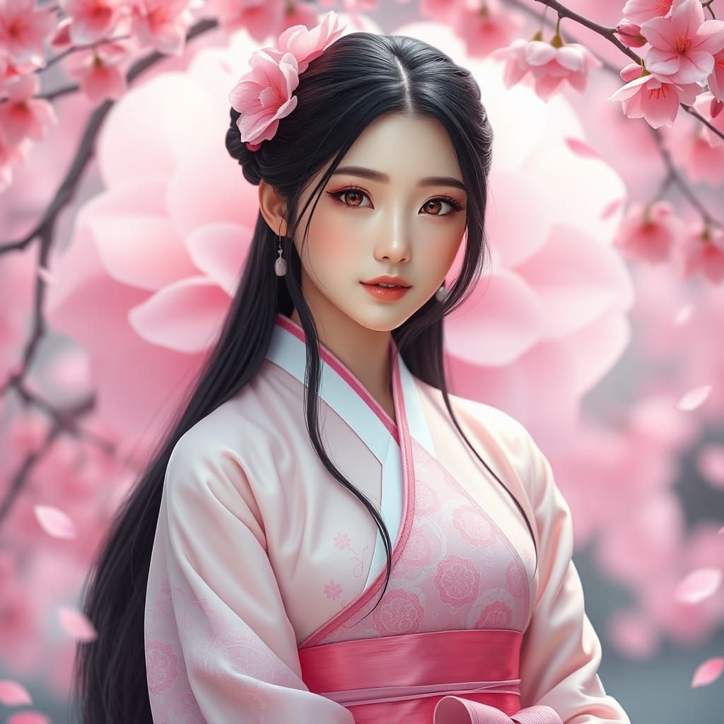 Korean Woman in Hanbok with Falling Petals