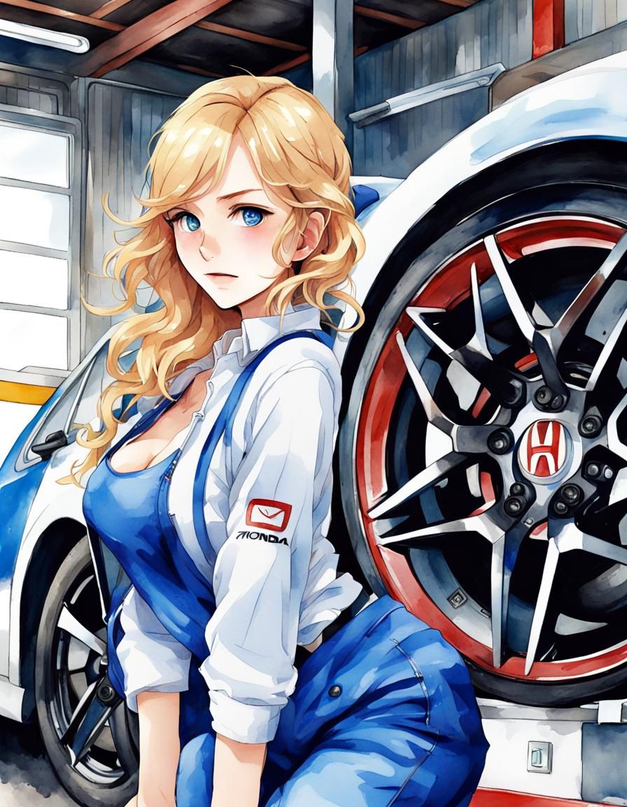Blonde Mechanic Girl in Anime-Inspired Watercolor Style