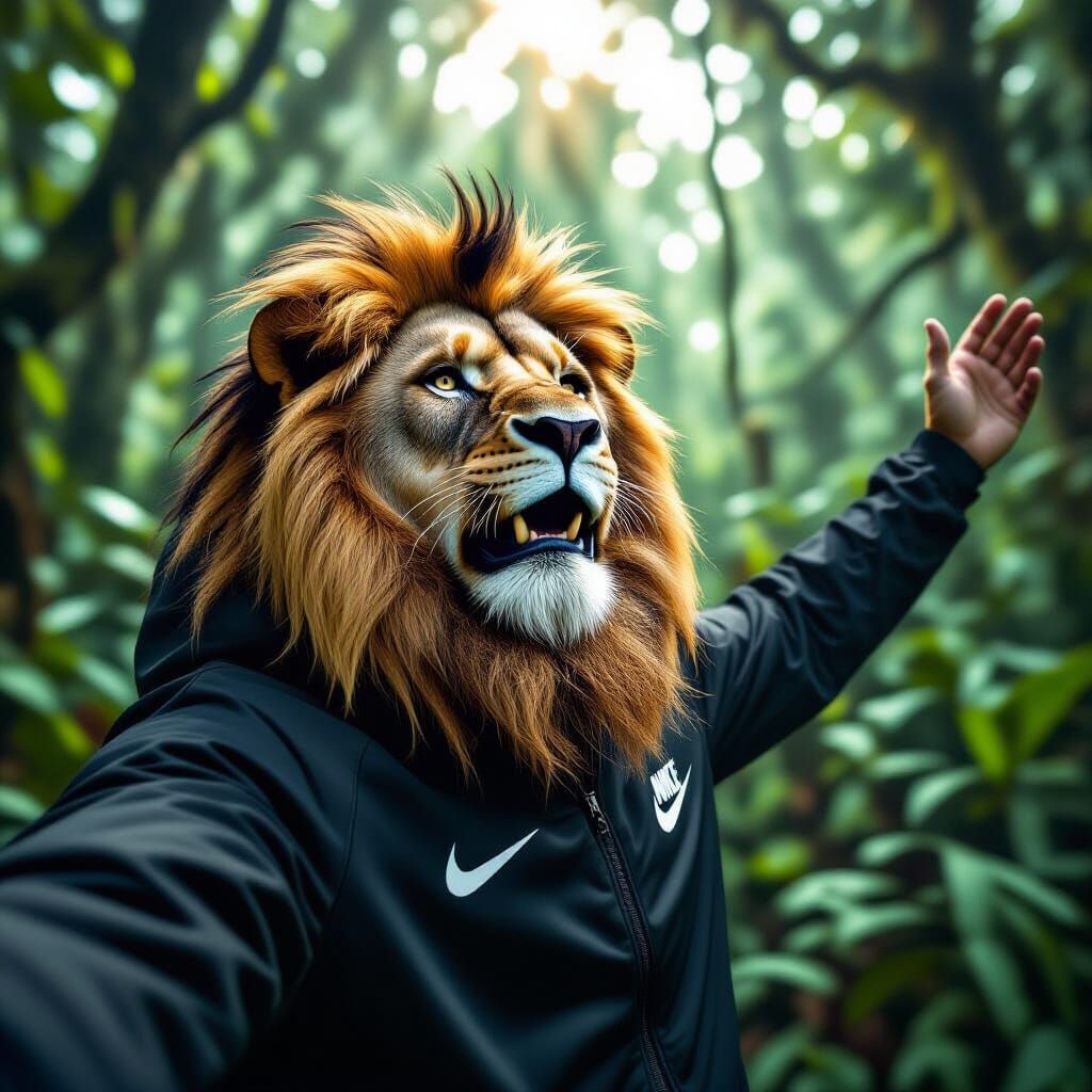 Lion with Beard Takes Selfie in Jungle, Hyperrealistic