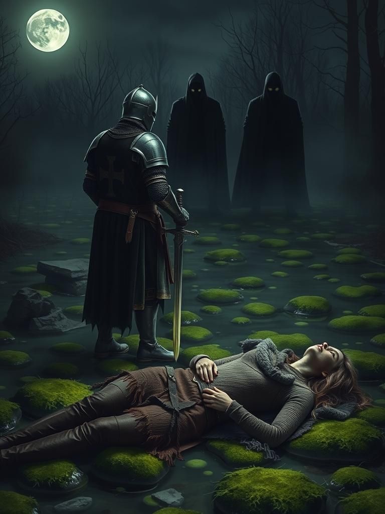 Knight in Murky Swamp Defends Woman
