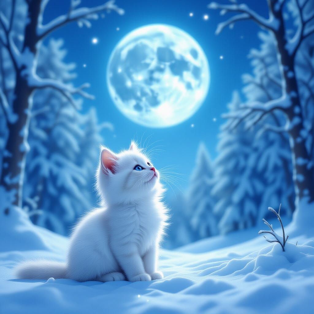 White Kitten Gazes at Blue Moon in Fairytale Forest