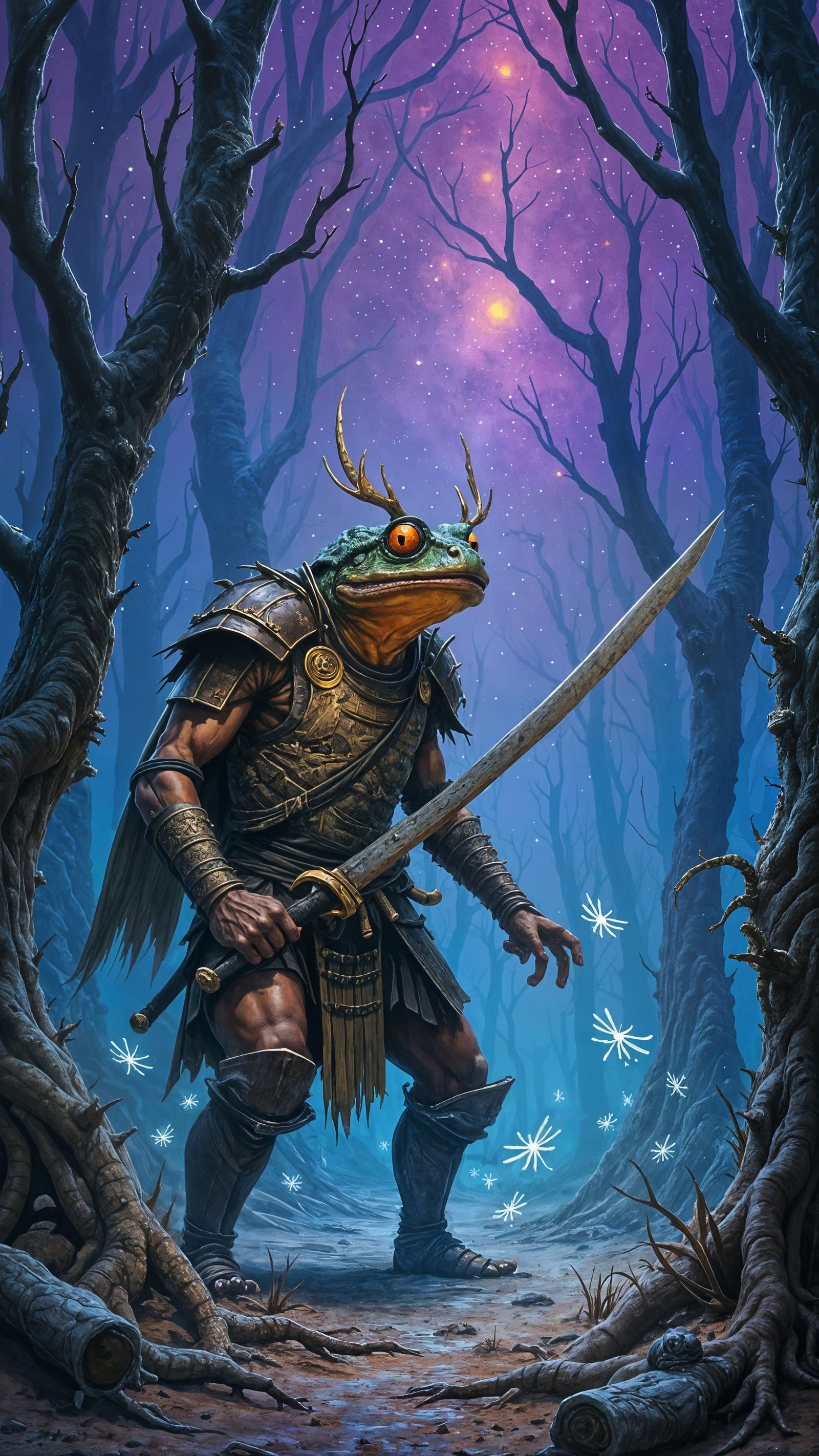 Samurai Frog Battles Insects in Gouache Swamp