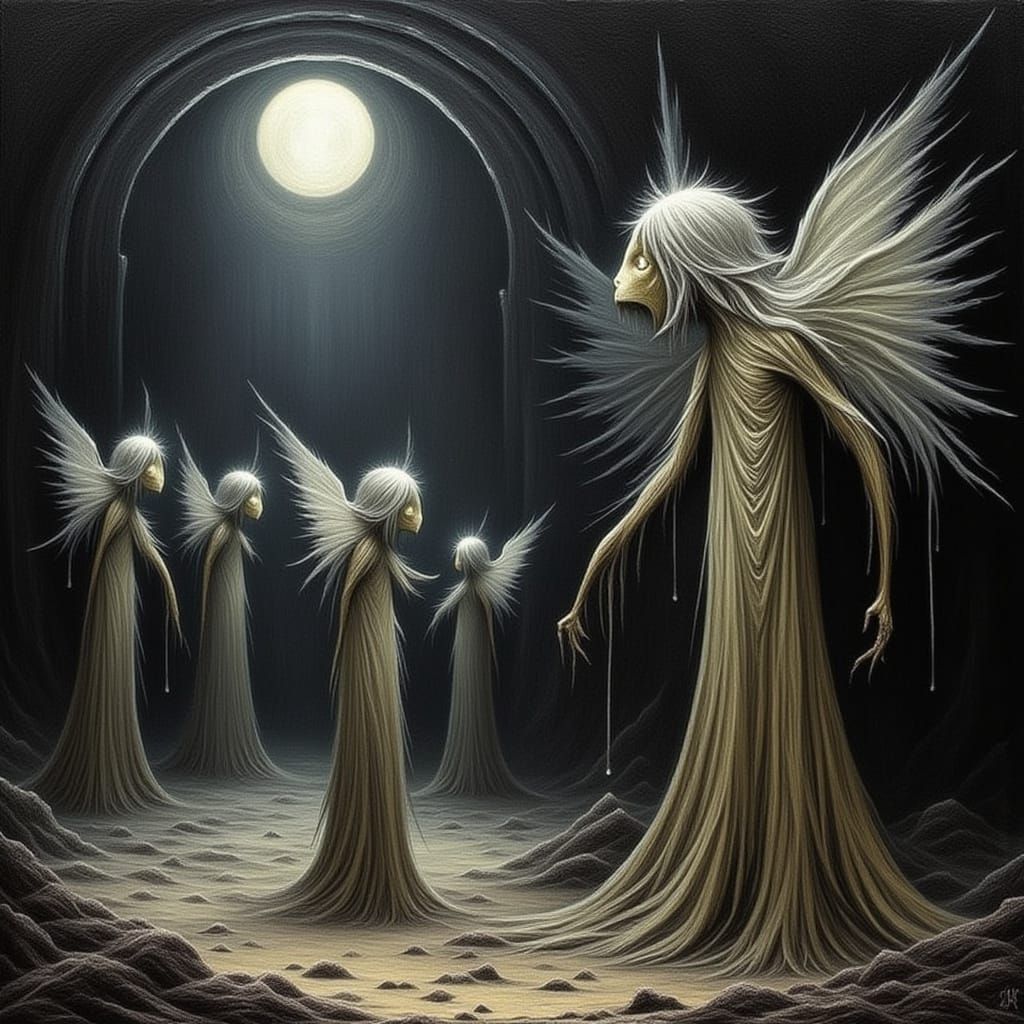 Ethereal Waxen Mournlings in Mystical Temple, Impasto Style