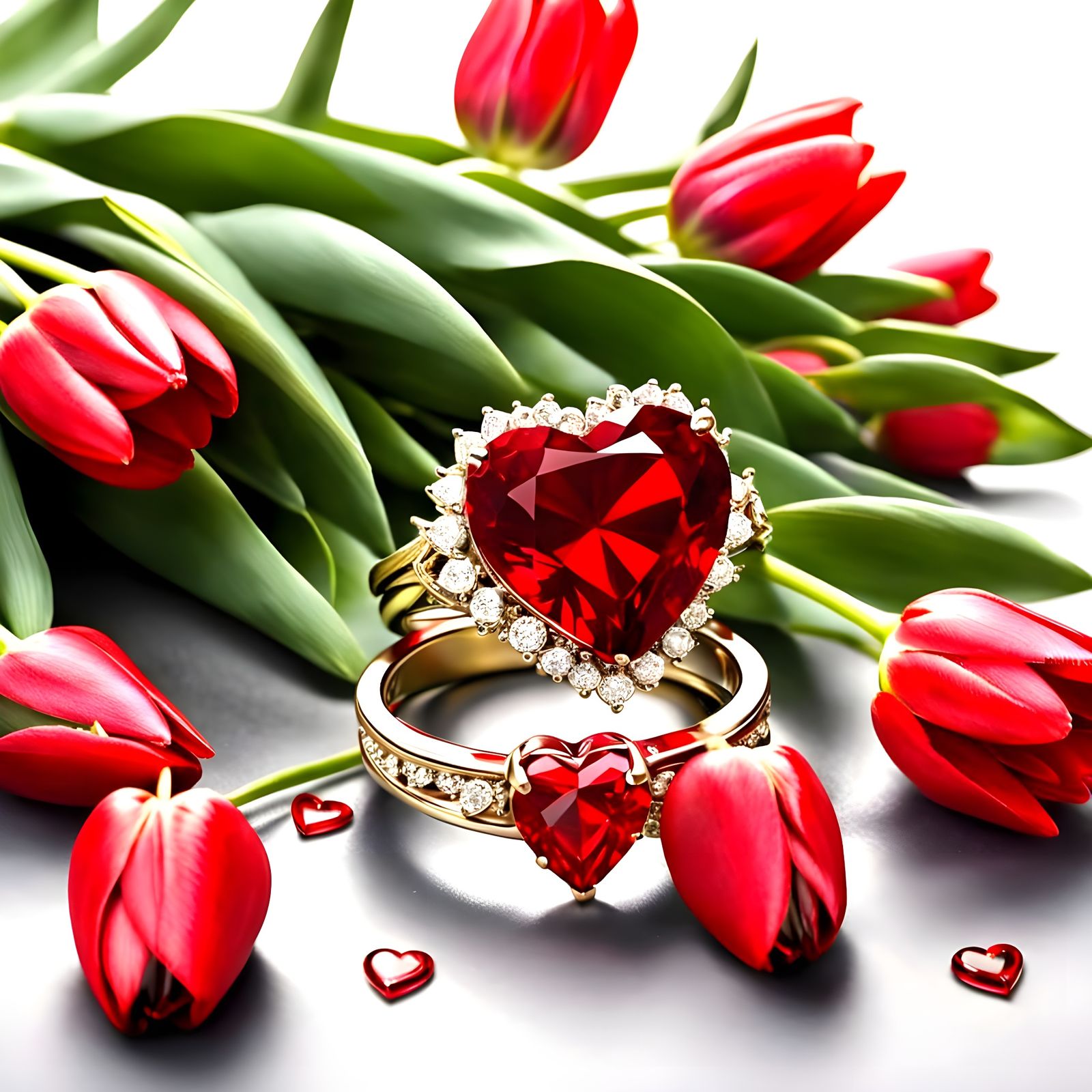 Ethereal Red Wedding Scene with Hearts, Tulips, and Ruby Jew...