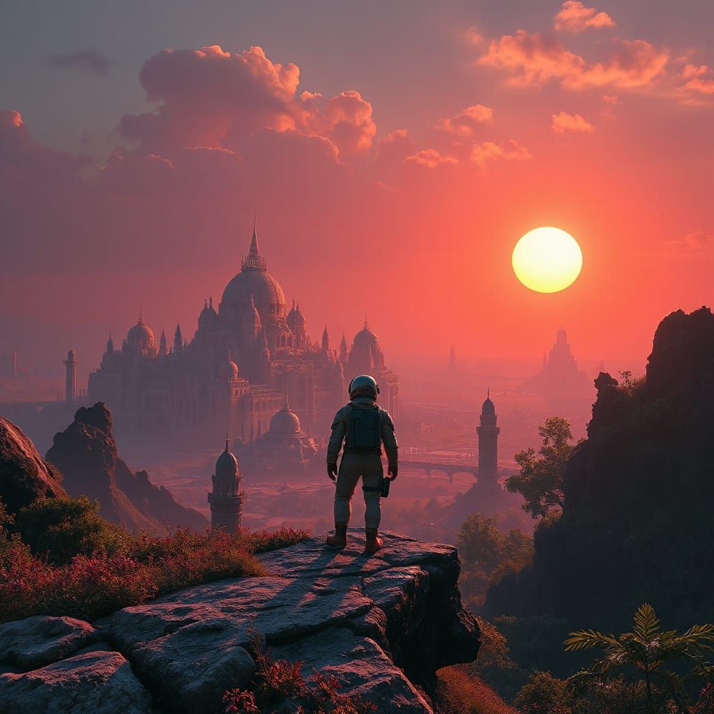 Astronaut Overlooks Alien City in Digital Painting