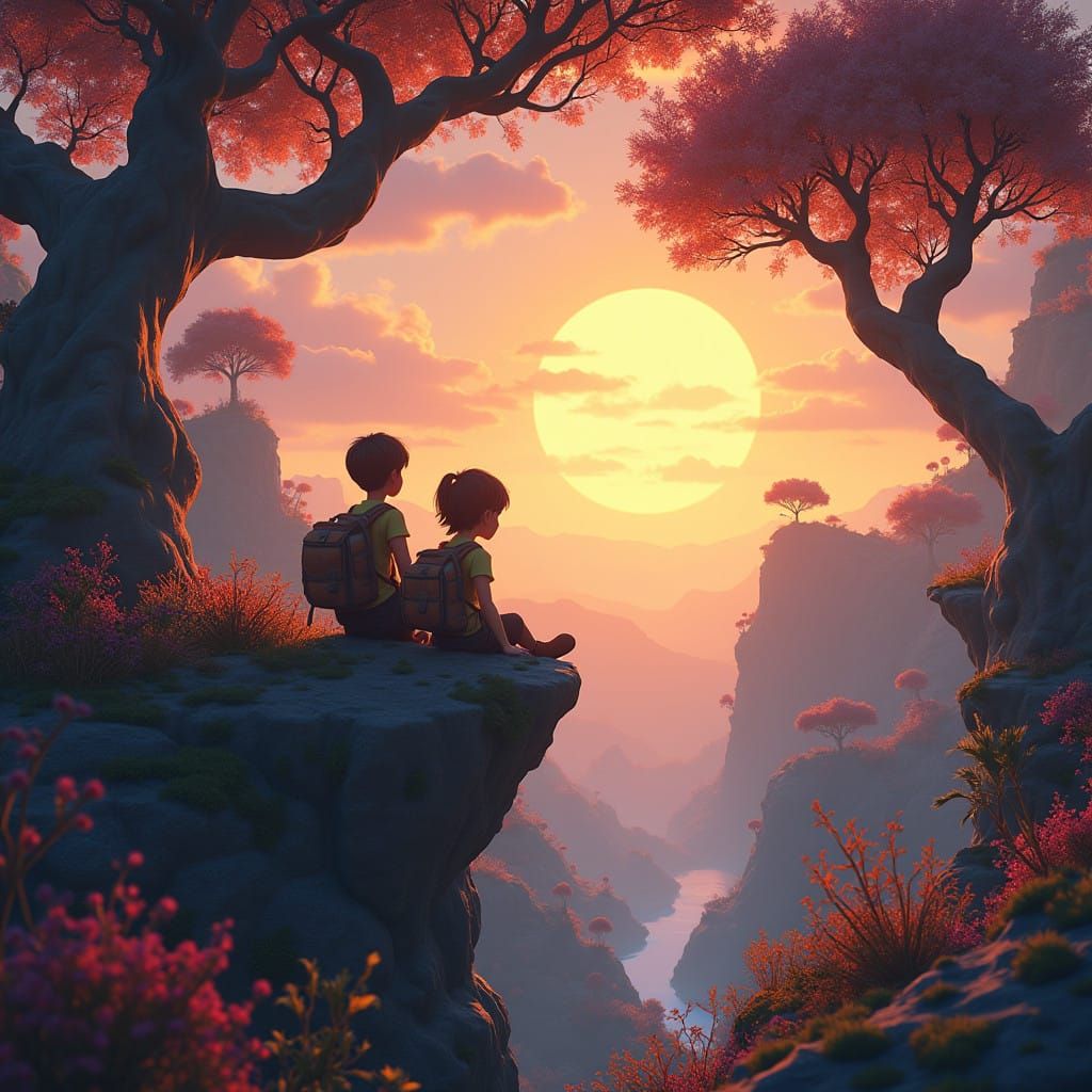 Fantastical Sunset Scene with Young Adventurers