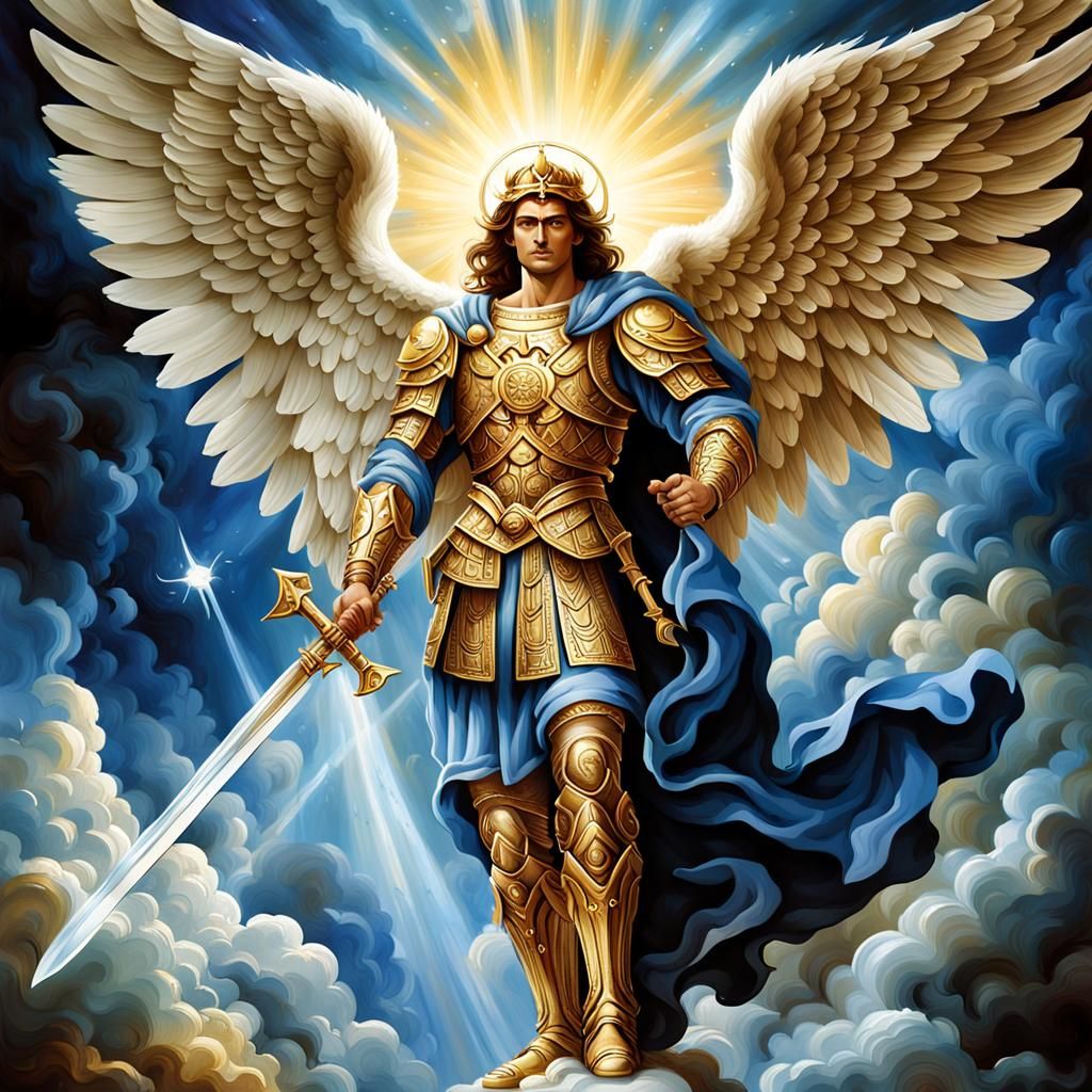 In realms unseen, where celestial beings dwell,
There strides a figure, mighty and swell.
Archangel Michael, with sword ...
