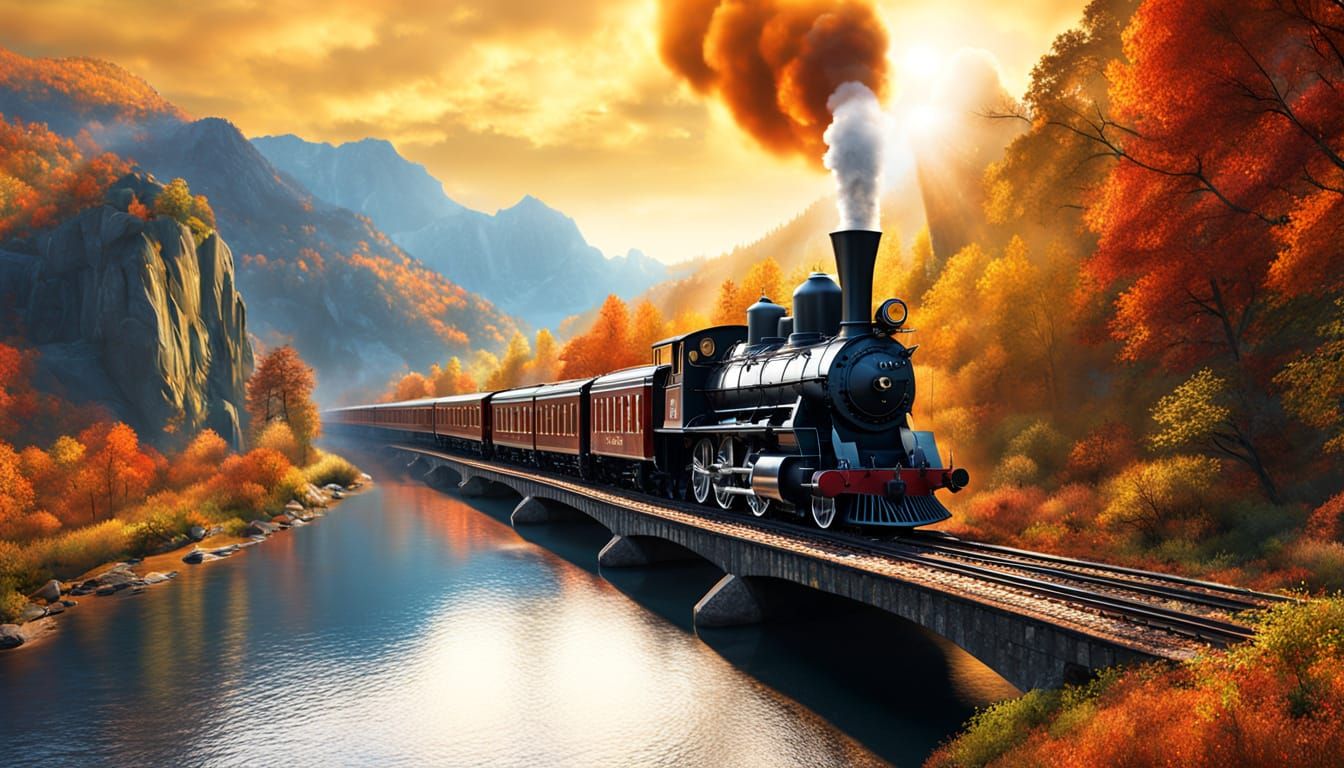 Steam Train on Stone Bridge in Autumn Light