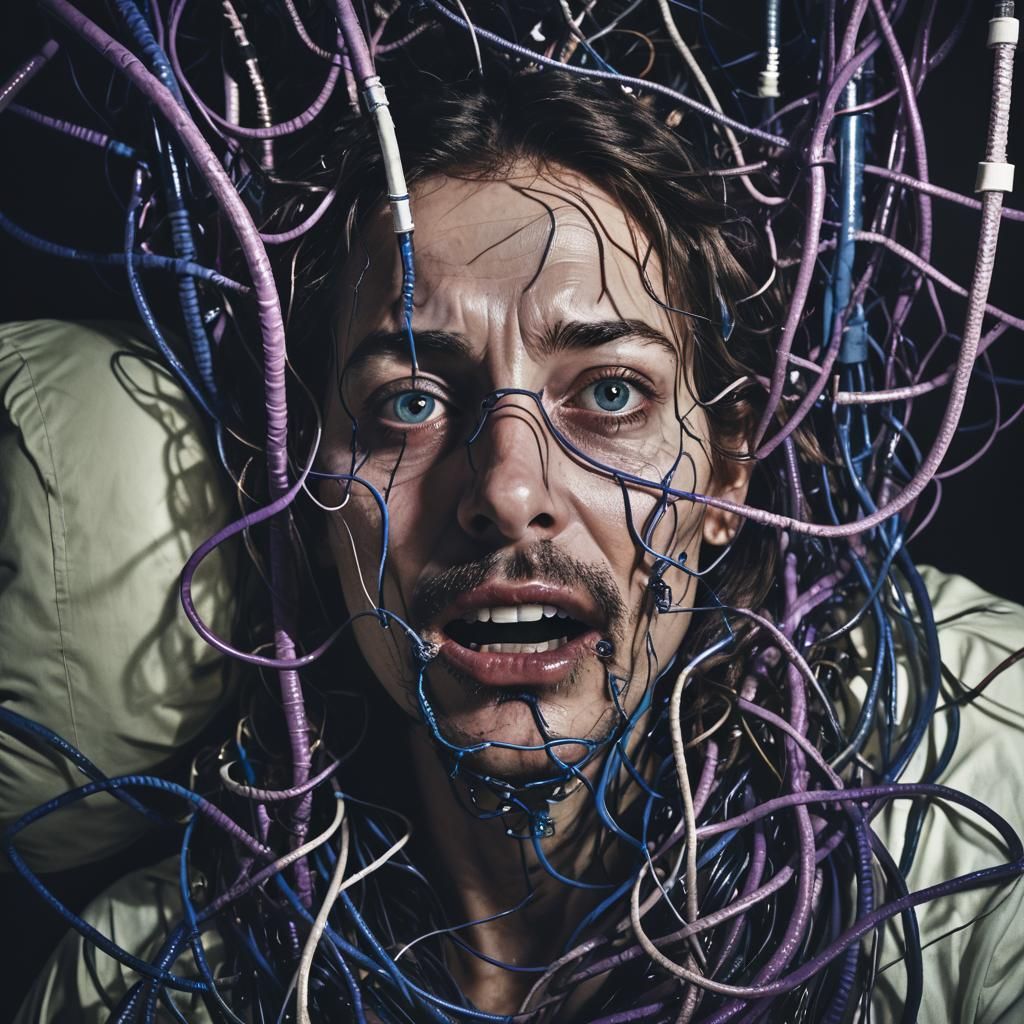 Surrealist Nightmare: Face Tangled in Oxygen Tubes