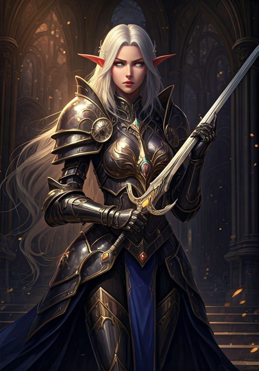 Ethereal Elven Knight in Shimmering Metallic Armor