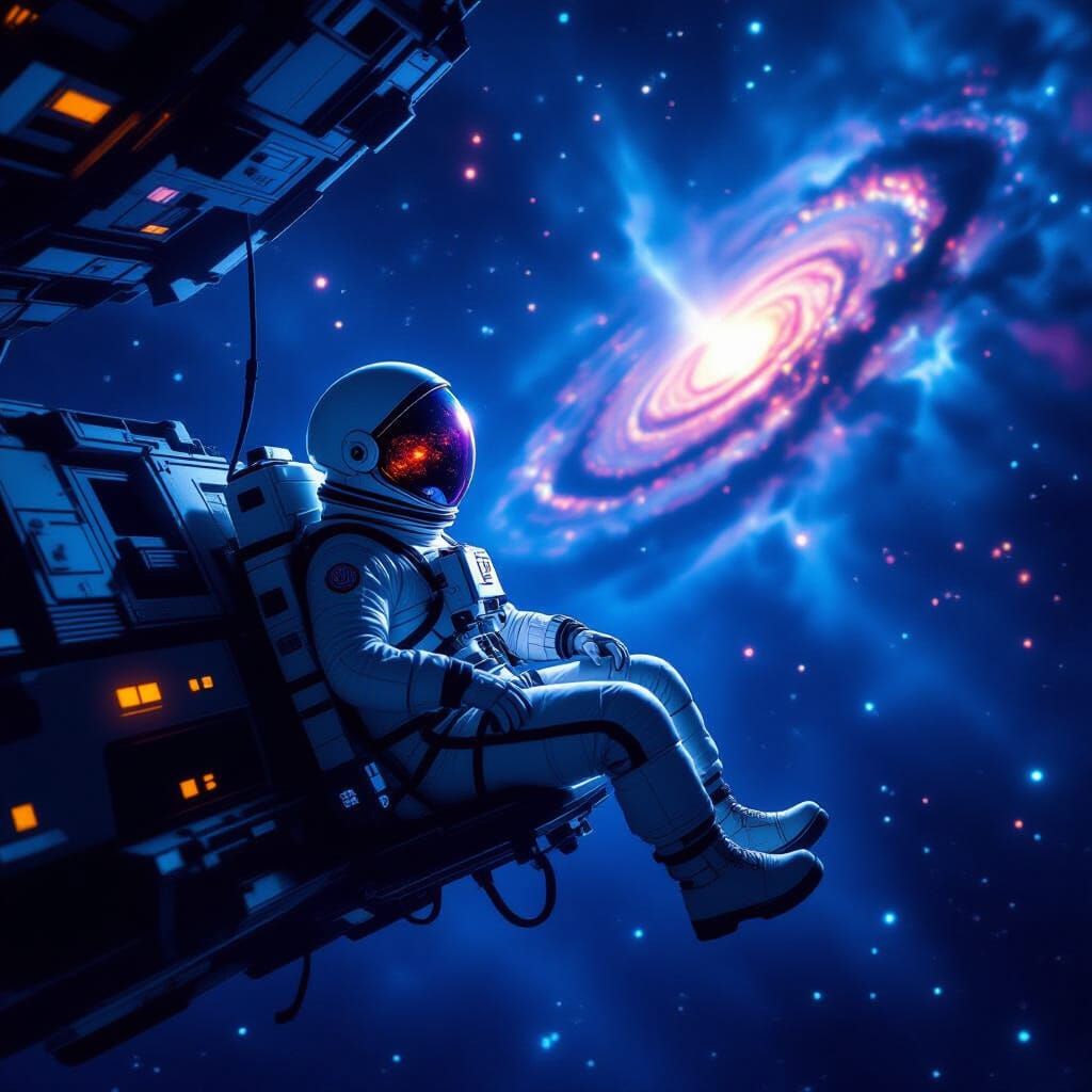 Lone Astronaut Adrift in Nebula Reflecting Galaxy