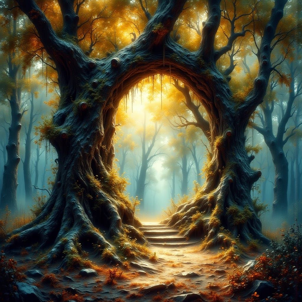 Tree Portal to a Fantasy World in Watercolor Style