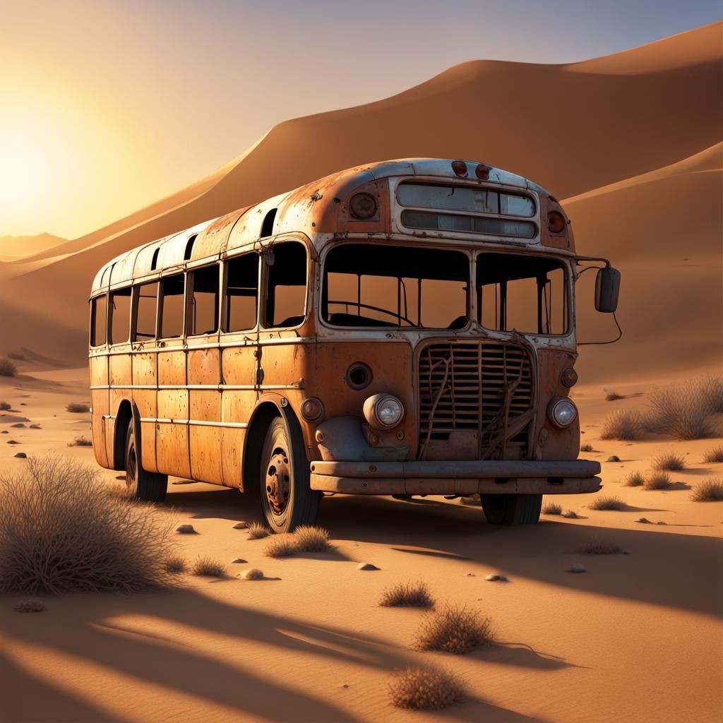 Abandoned Bus in Desert Sunset: Photorealistic Ruin