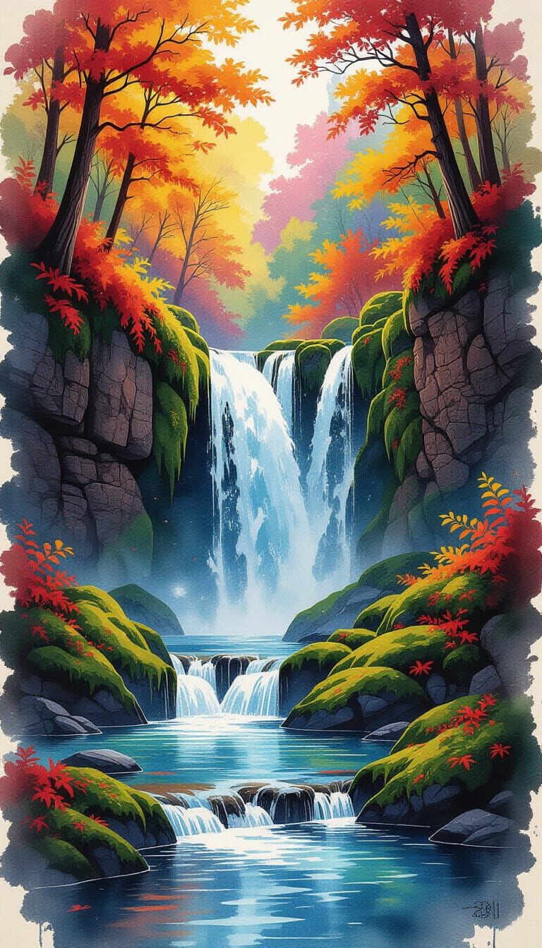 Mystical Autumn Waterfall in Watercolor Style