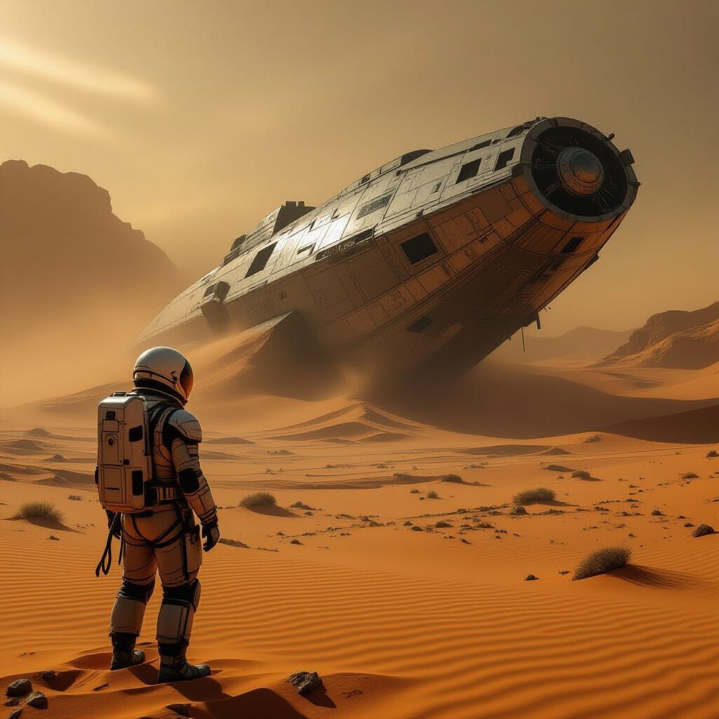 Explorer on Alien Planet Gazing at Derelict Spaceship