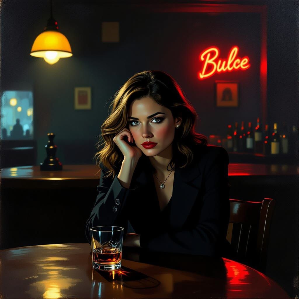 Journalist at Bar in Neon Light, Edward Hopper Style