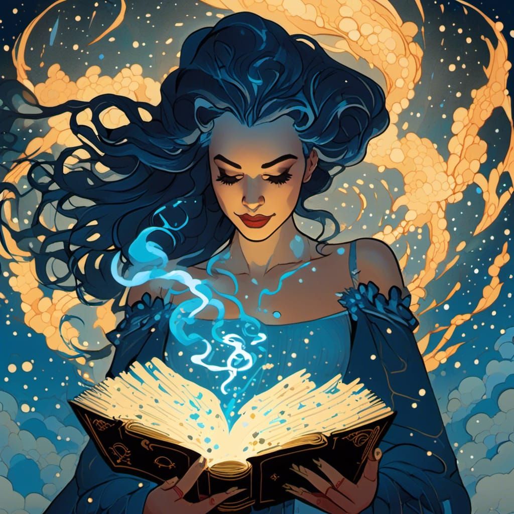 Blue Sorceress Reading Tome Under Starry Night