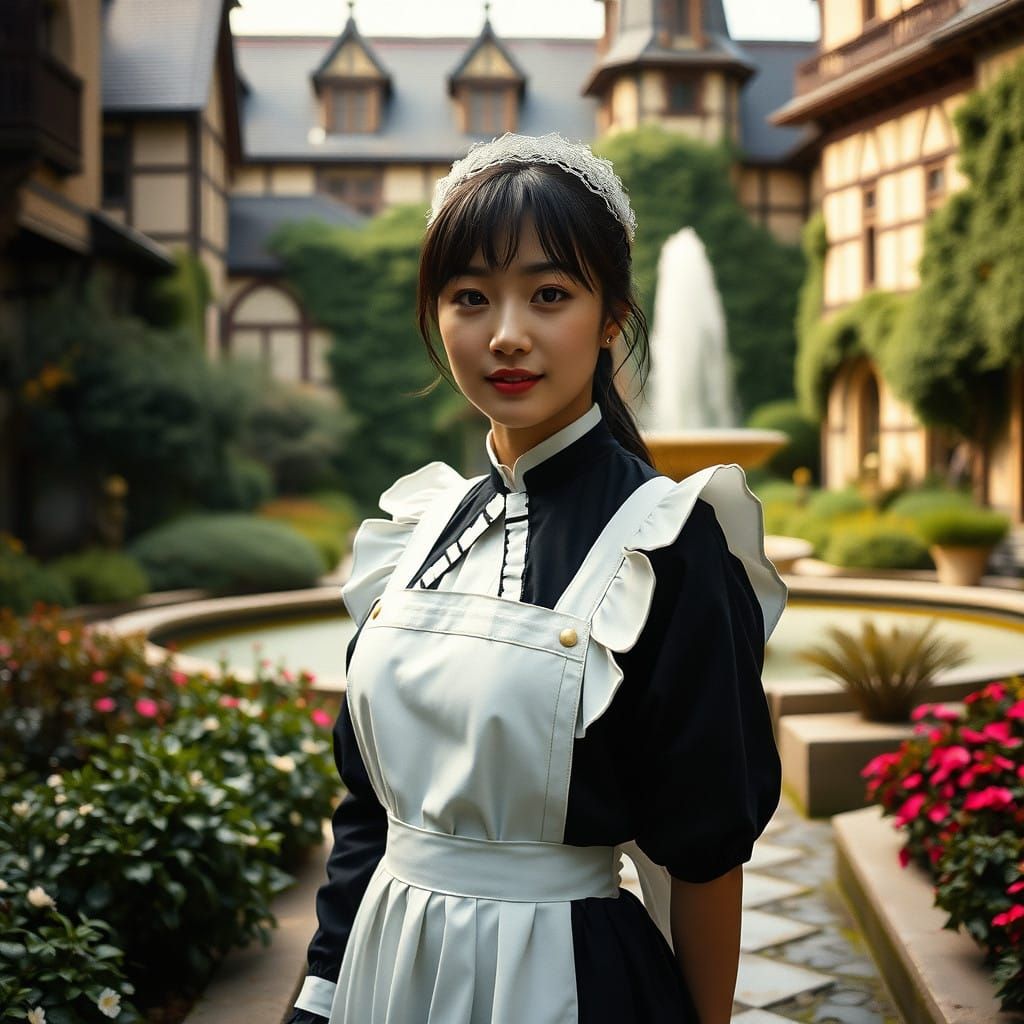 Japanese Maid in Whimsical Garden Scene