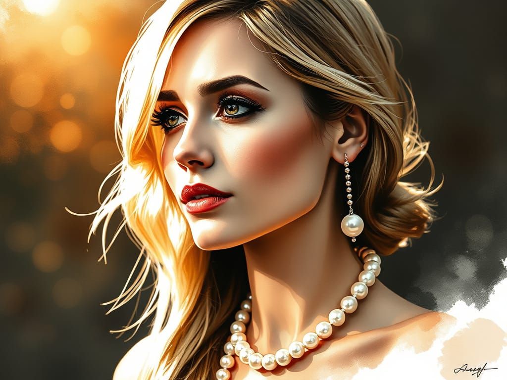 Ink and Watercolor Portrait of Blonde Muse in Pearls