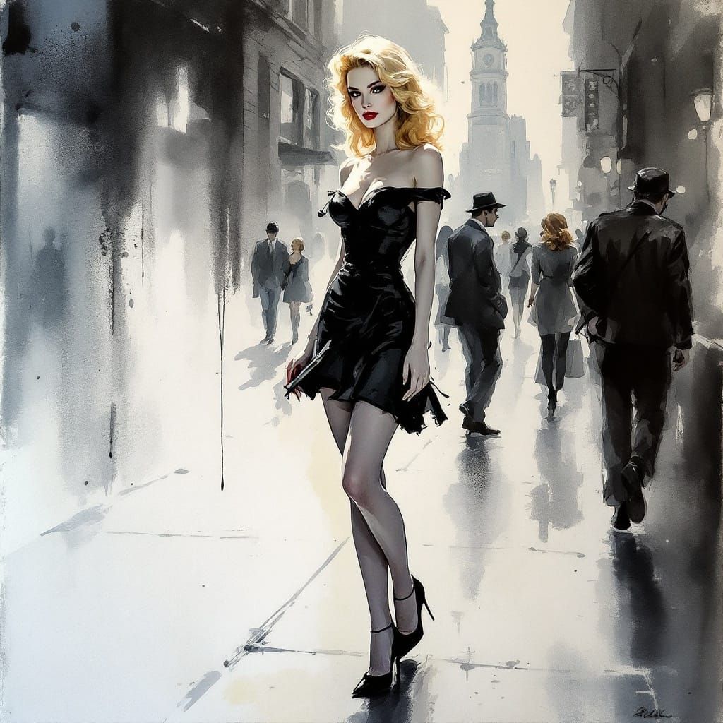 Pin-Up Girl in Cityscape, Watercolor and Silhouette Style