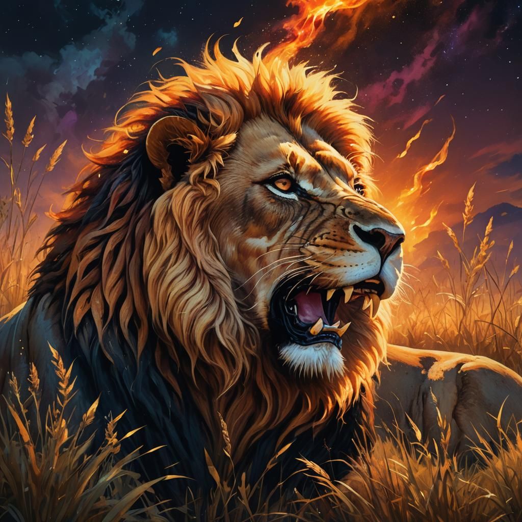 Fiery Lion in Savannah Night: Oil Painting