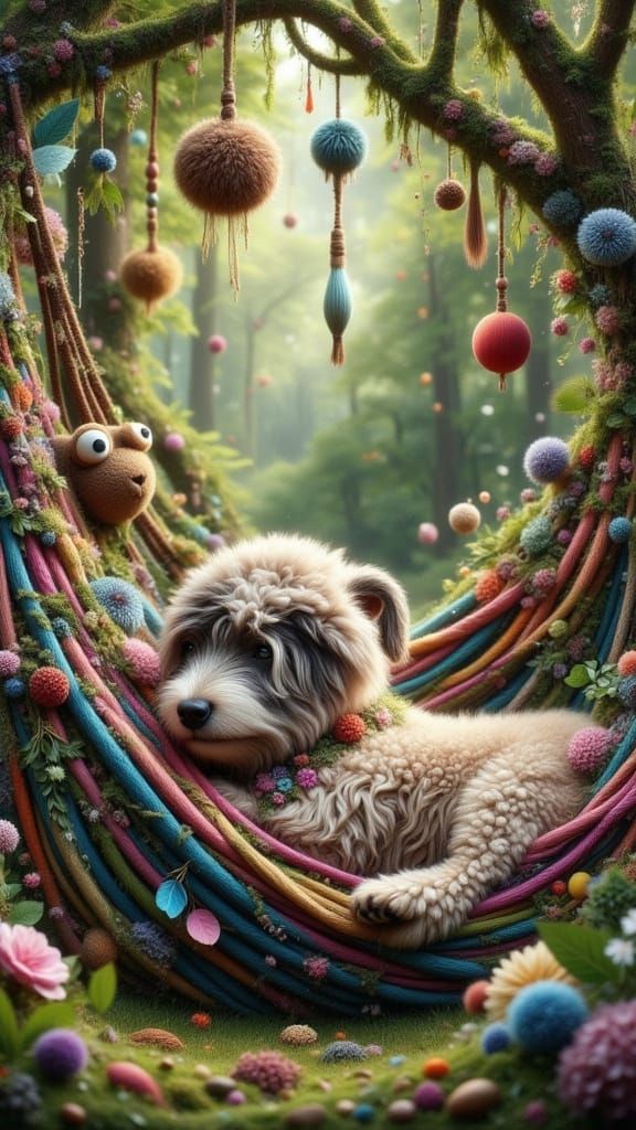 Sheepdog in Hammock, Whimsical Folk Art Style