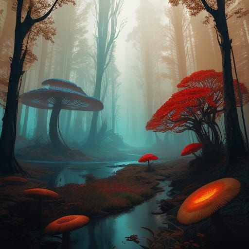 Ethereal Pin-Up Girl in Crimson Red Amidst Twisted Trees