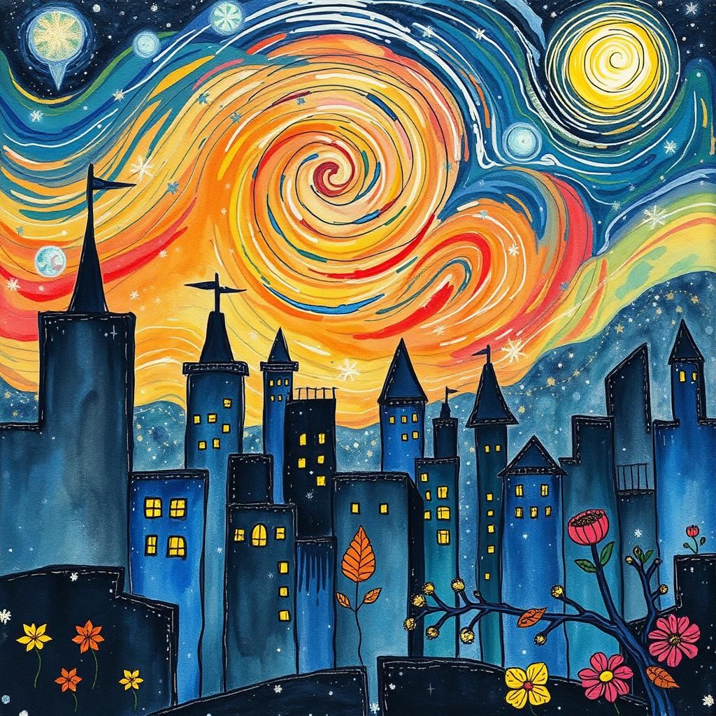 Cosmic Cityscape in Childlike Crayon Drawing Style