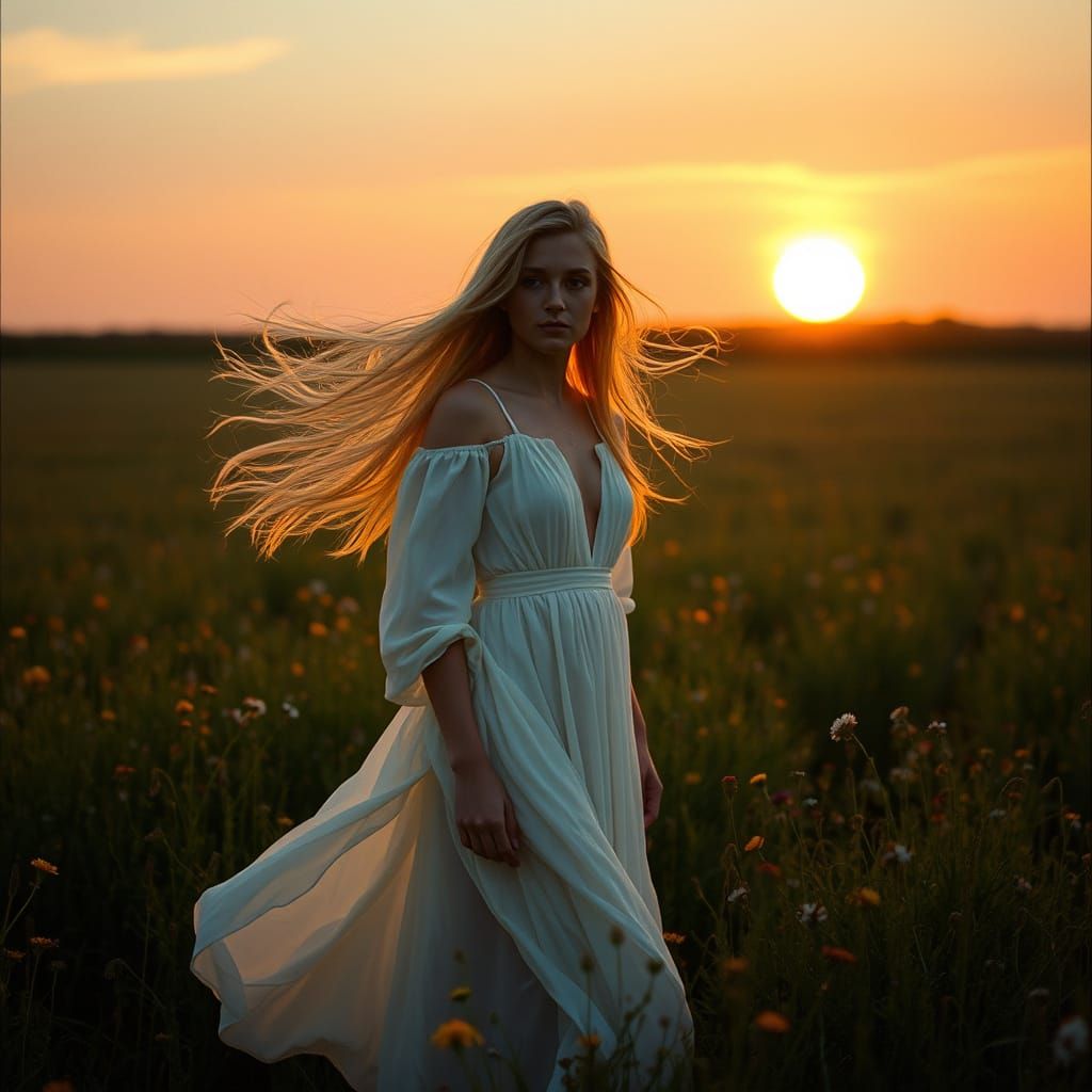 Masculine Figure in Wildflower Field at Sunset