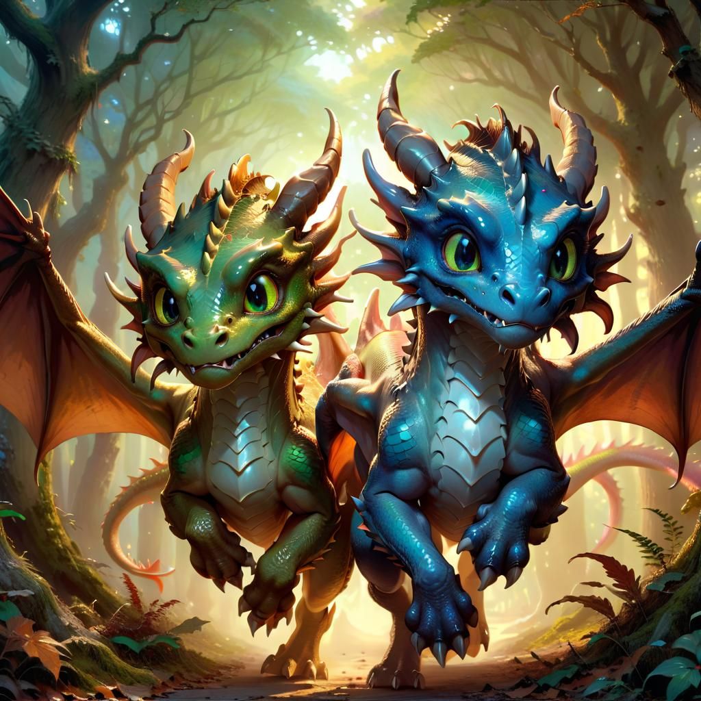 Anime Dragons Play in Enchanted Forest