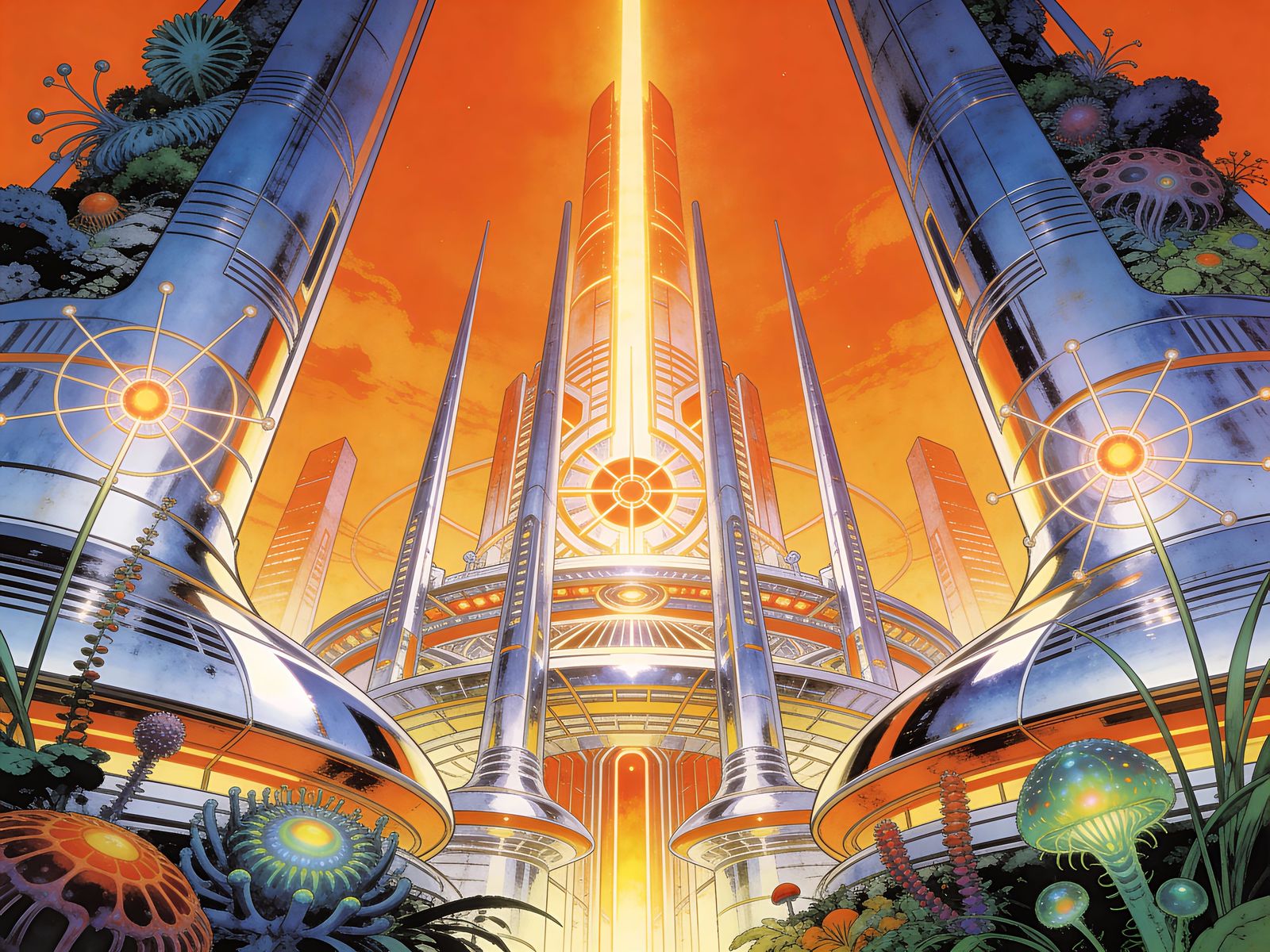 Grand Retro-Futuristic Techno-Palace in Vibrant Orange