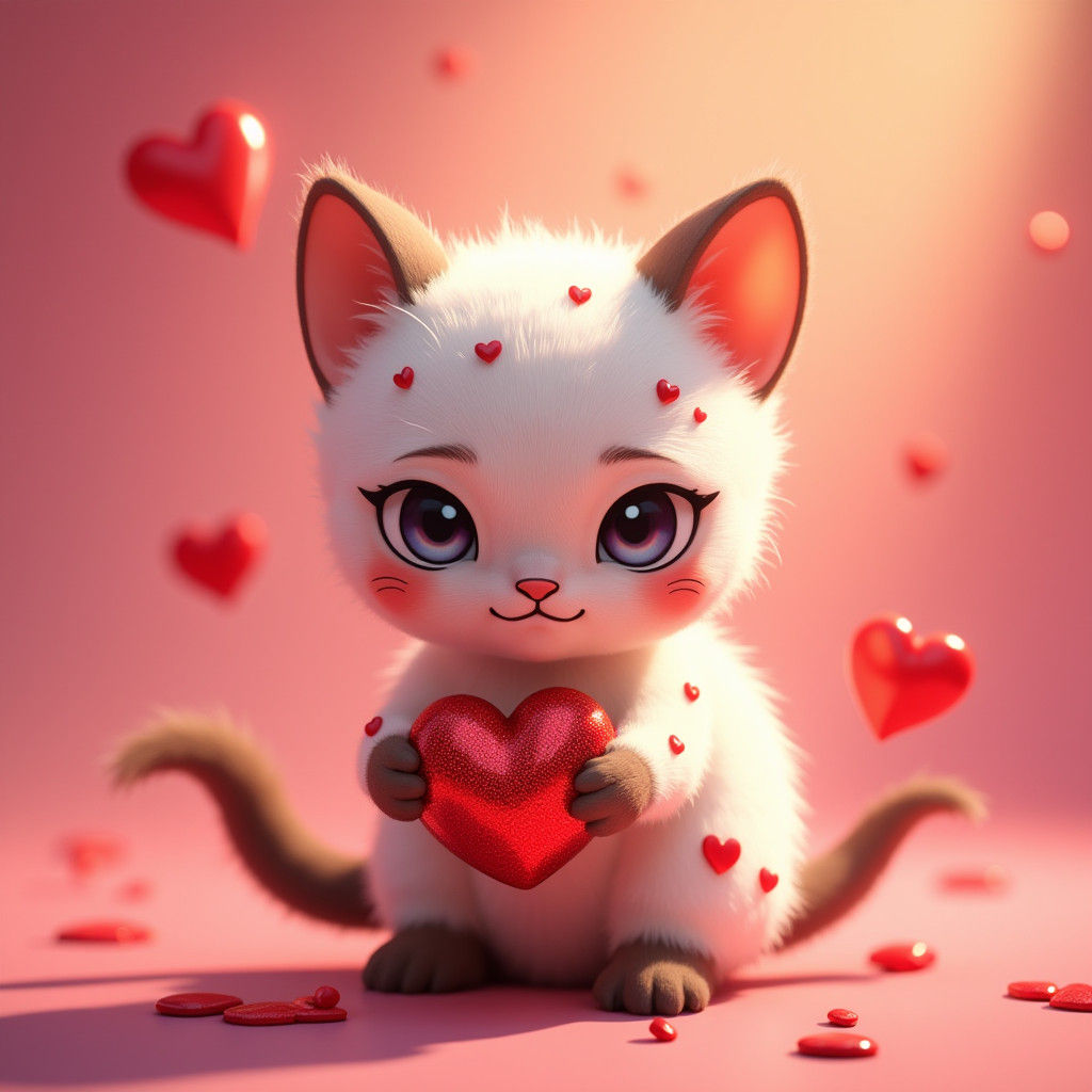 Siamese Cat Covered in Hearts: 3D Digital Art