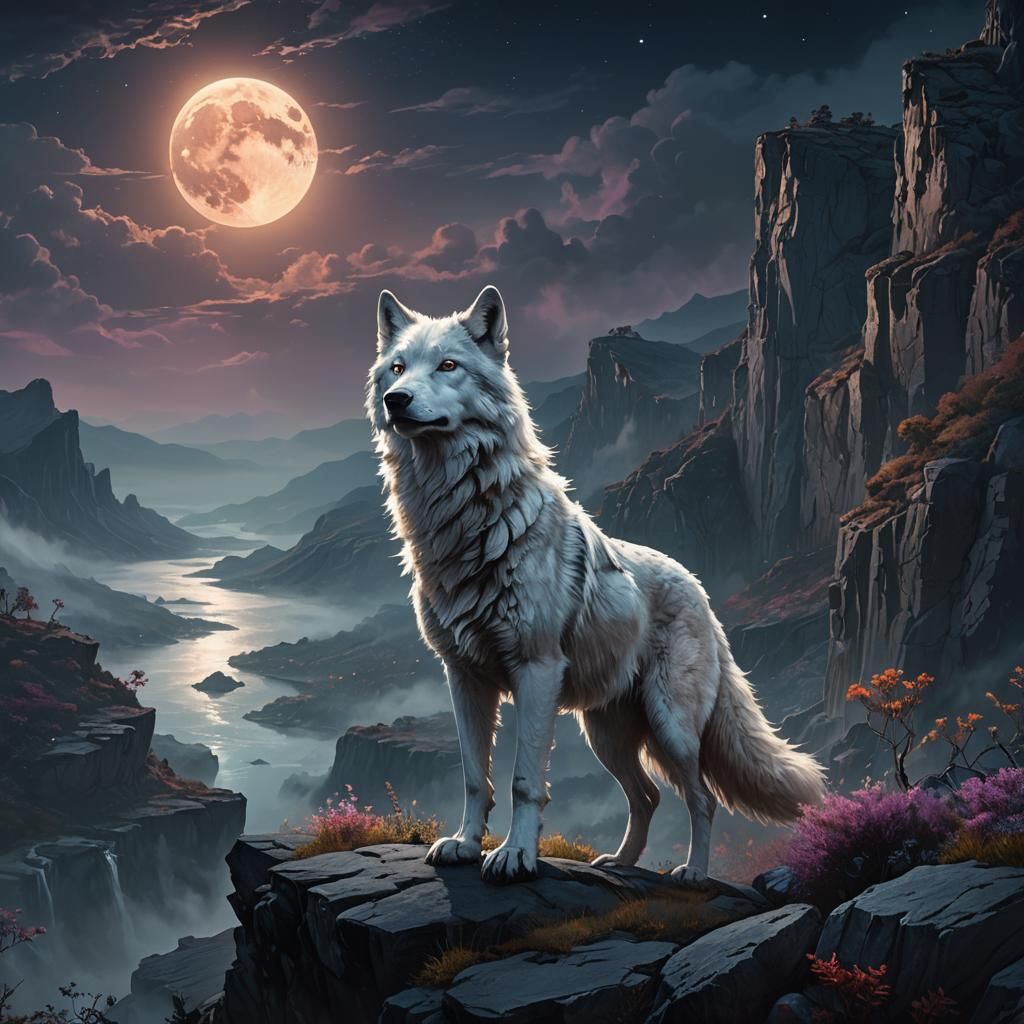 White Wolf on Misty Cliff: Fantasy Concept Art
