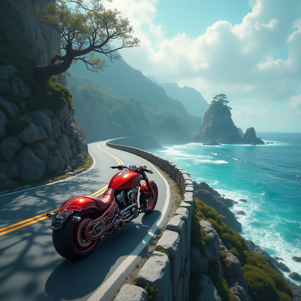 Sleek Crimson Motorcycle Speeds Down Cliffside Road in Vibra...