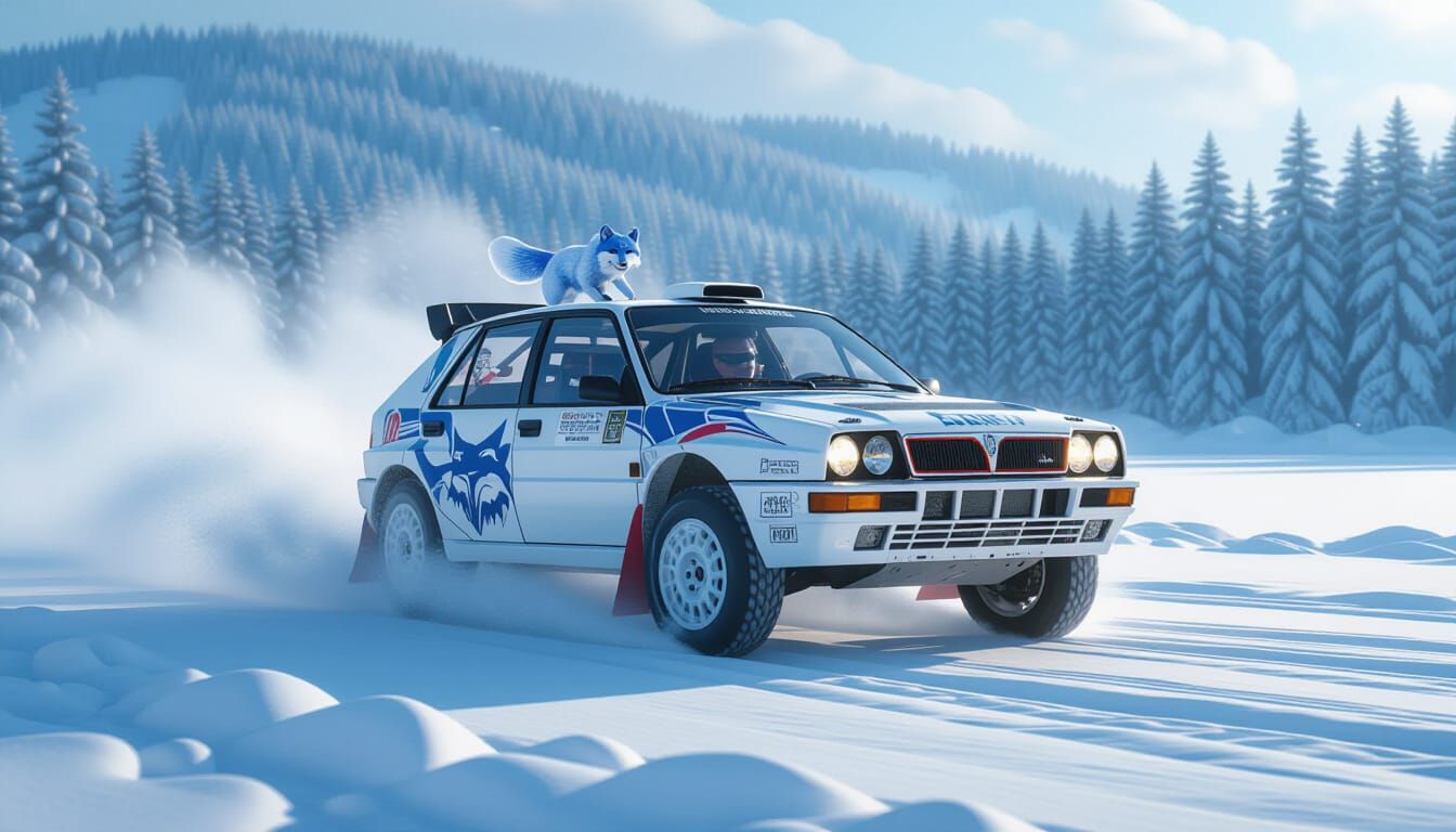 Lancia Delta Integrale Rally Car in Snowy Arctic Scene