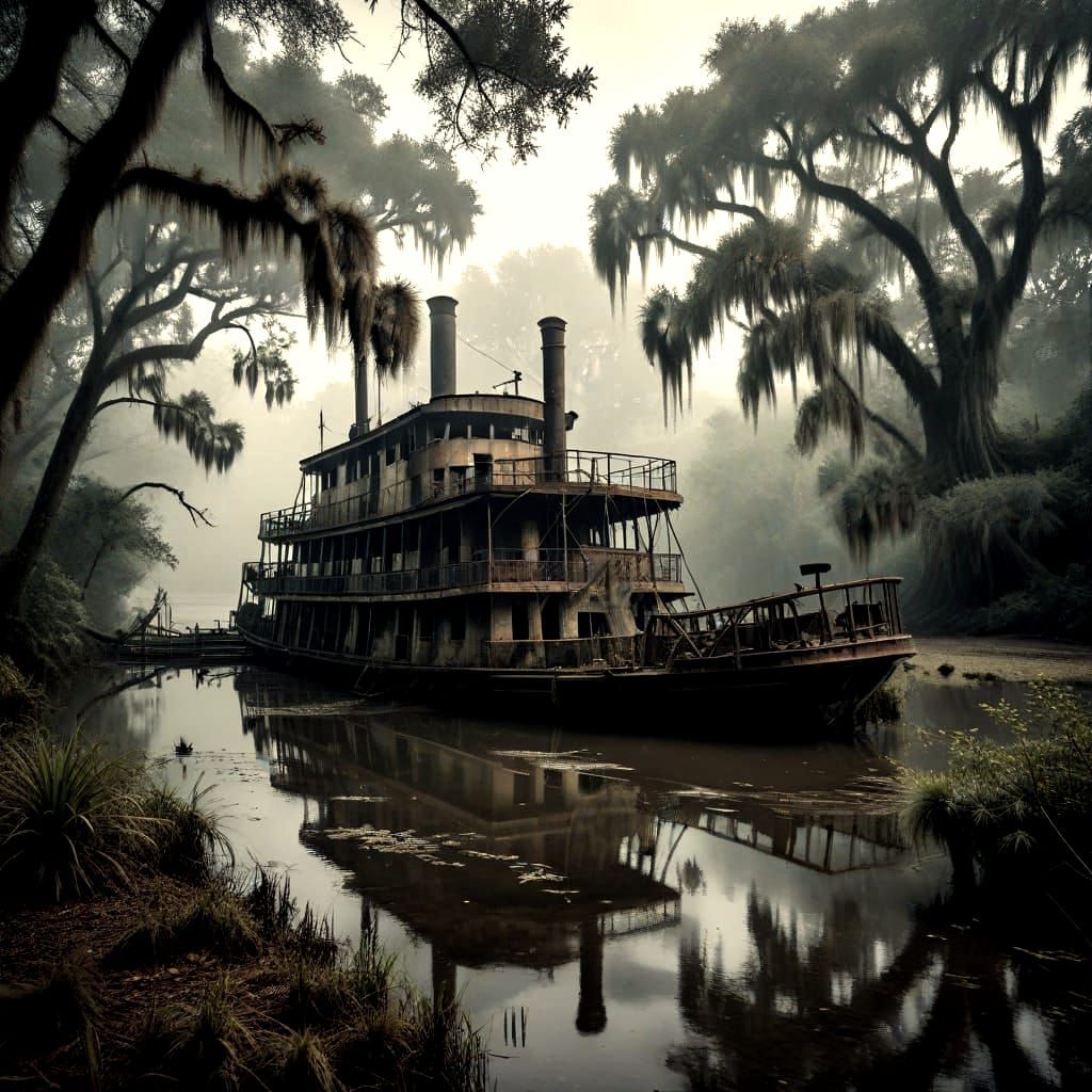Mysterious Paddle Steamer in Murky River Landscape