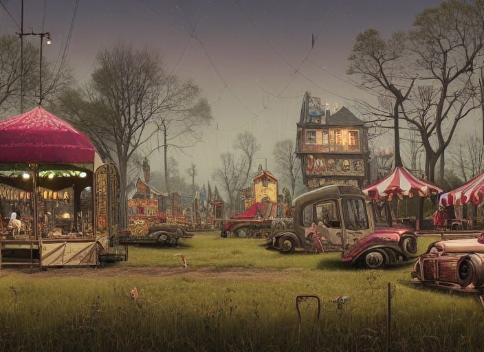 Steampunk Circus in Pastoral Village: Matte Painting