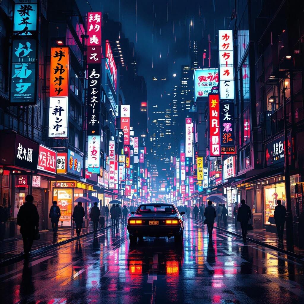 Bustling Tokyo Street at Night, Cyberpunk Concept Art