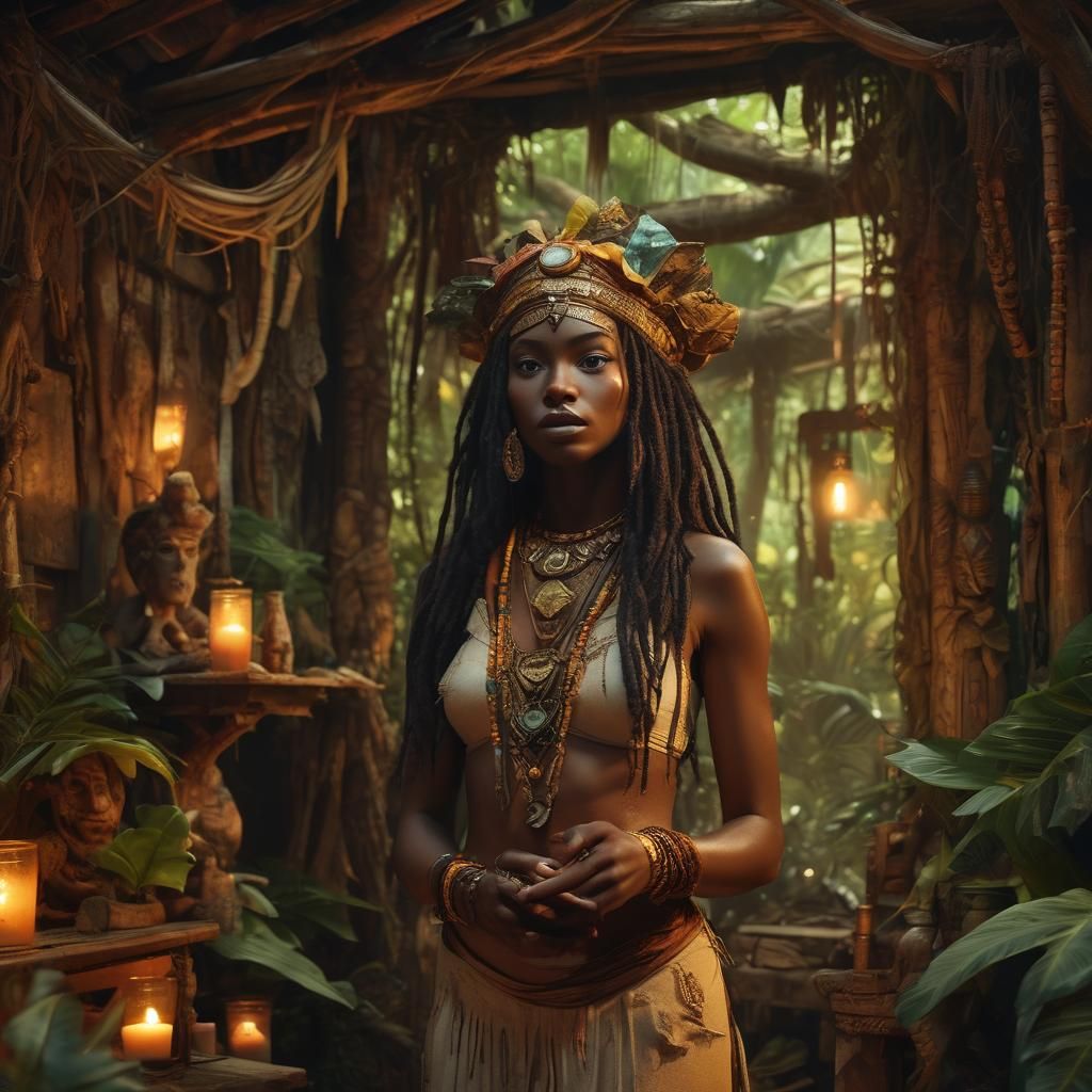 Mystical Voodoo Priestess in Tropical Jungle Shack