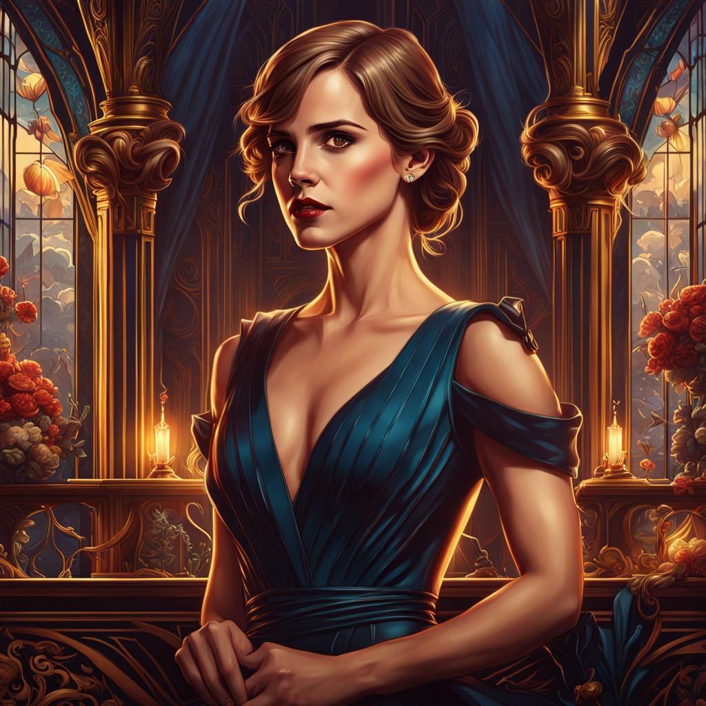Art Nouveau Emma Watson Portrait in Comic Book Style