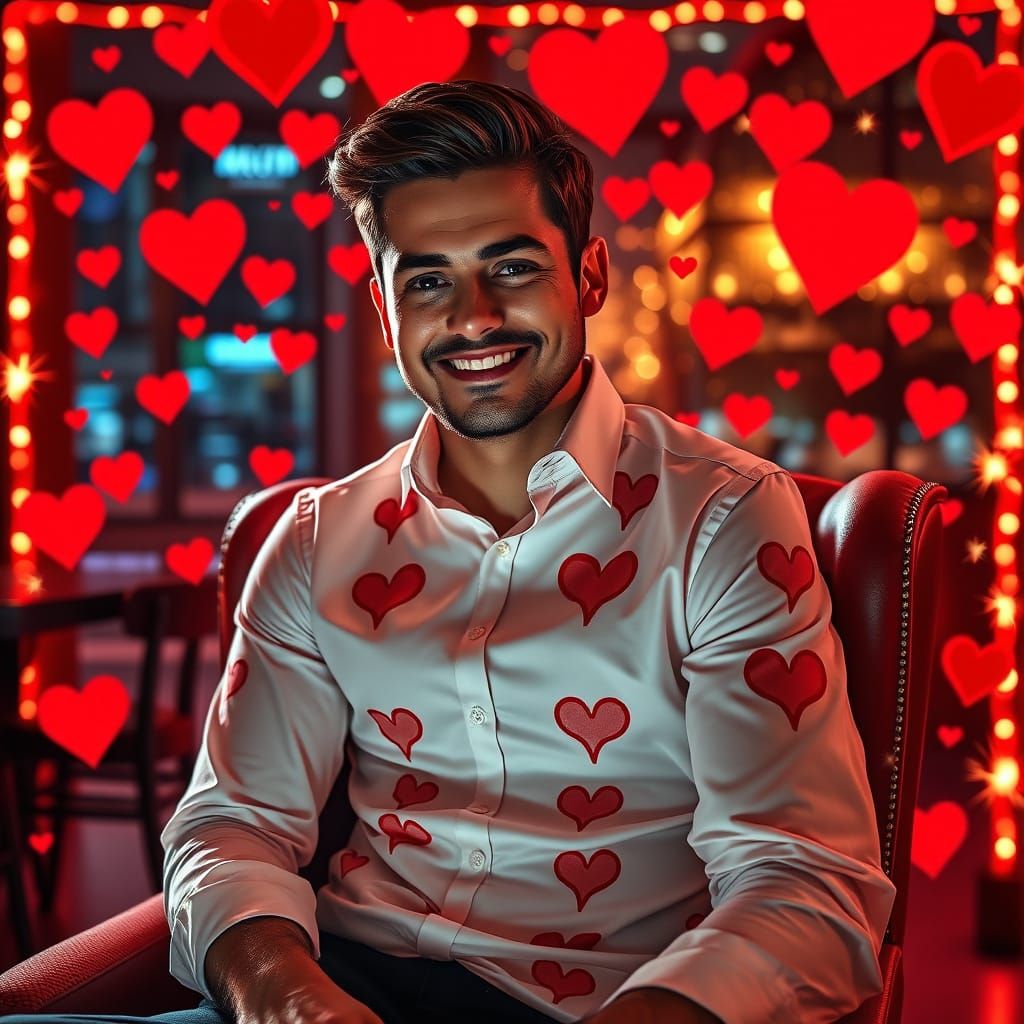 Man in Elegant White Shirt with Red Love Hearts in a Vibrant...