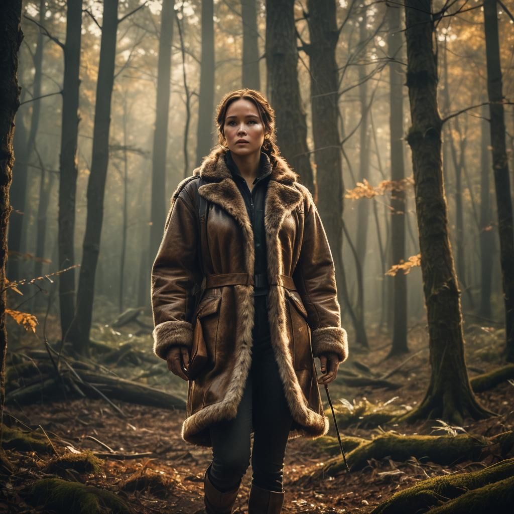 Katniss Everdeen in Elegant Fur Coat, Cinematic Autumn Lands...