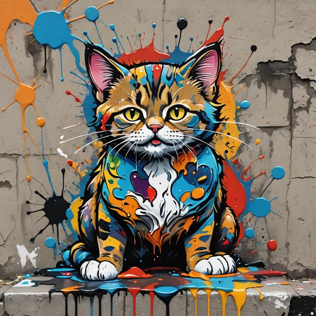 Cartoon Cat Graffiti Art in High Contrast