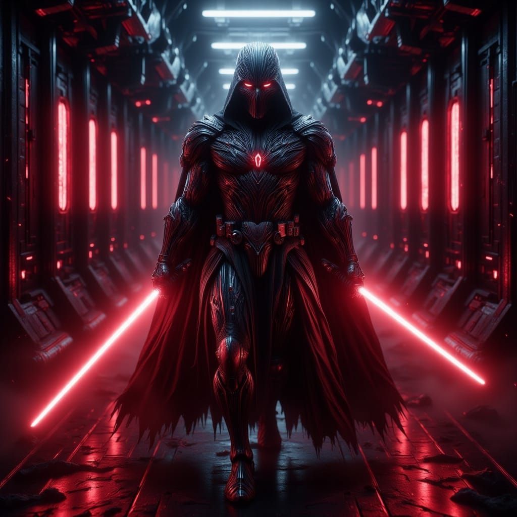Sith Lord with Crimson Lightsabers in Ominous Corridor