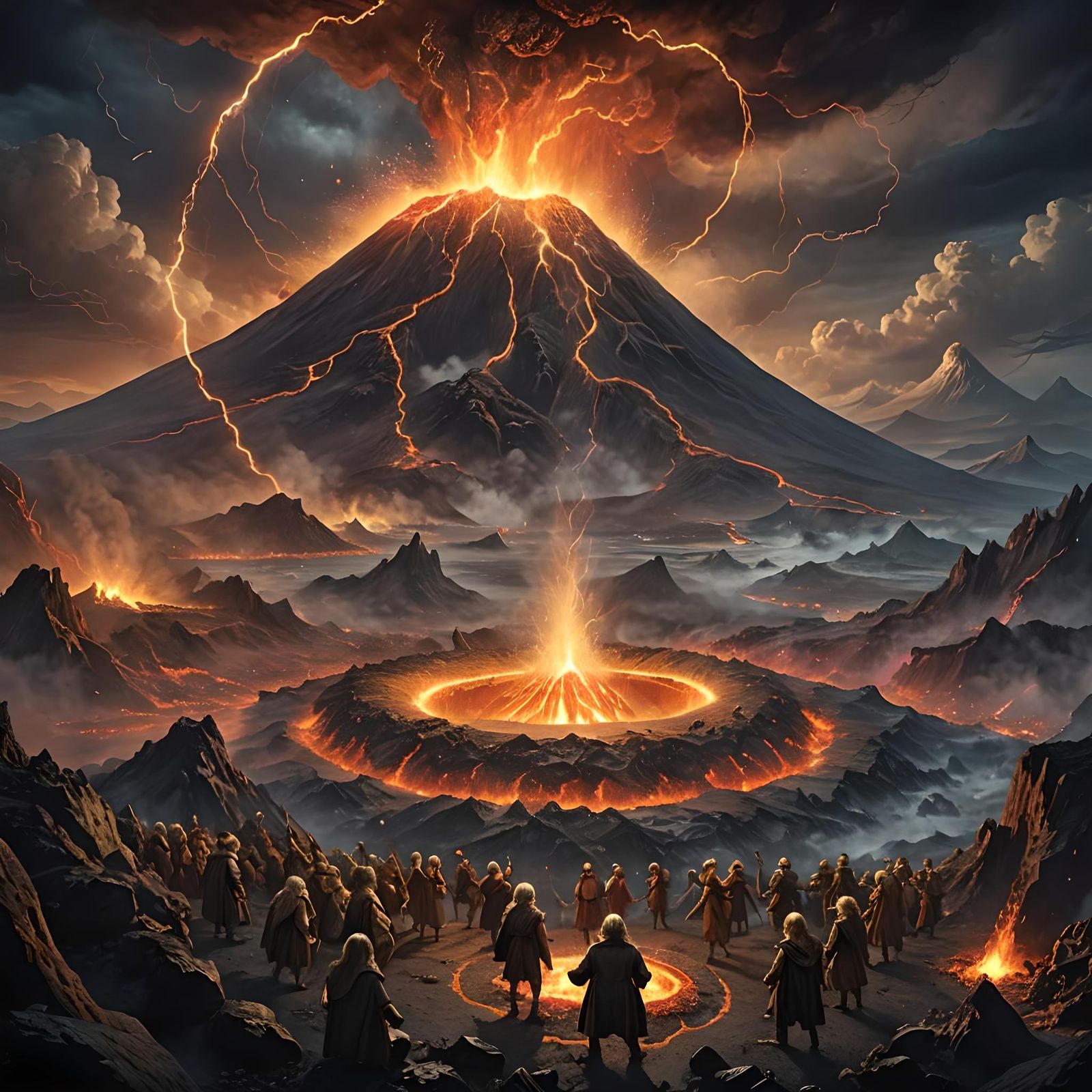 Erupting Volcano with Ring in Moonlit Fantasy Landscape
