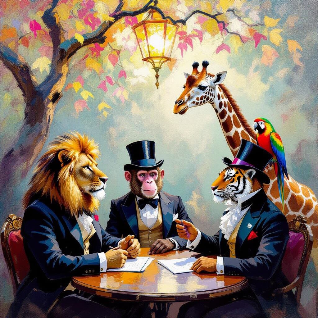 Animals Discussing Under a Luminous Tree