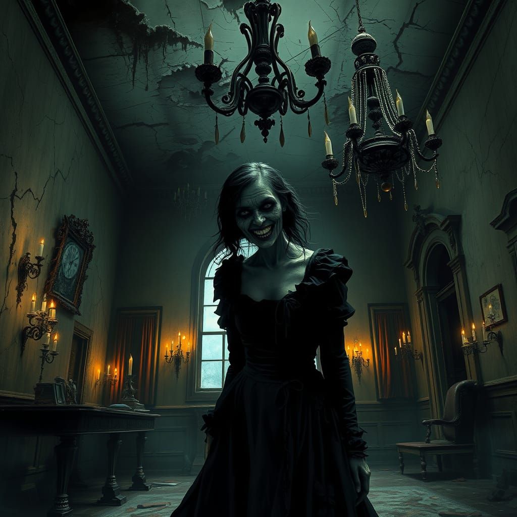 Creepy Victorian Lady in Abandoned Hotel Lobby